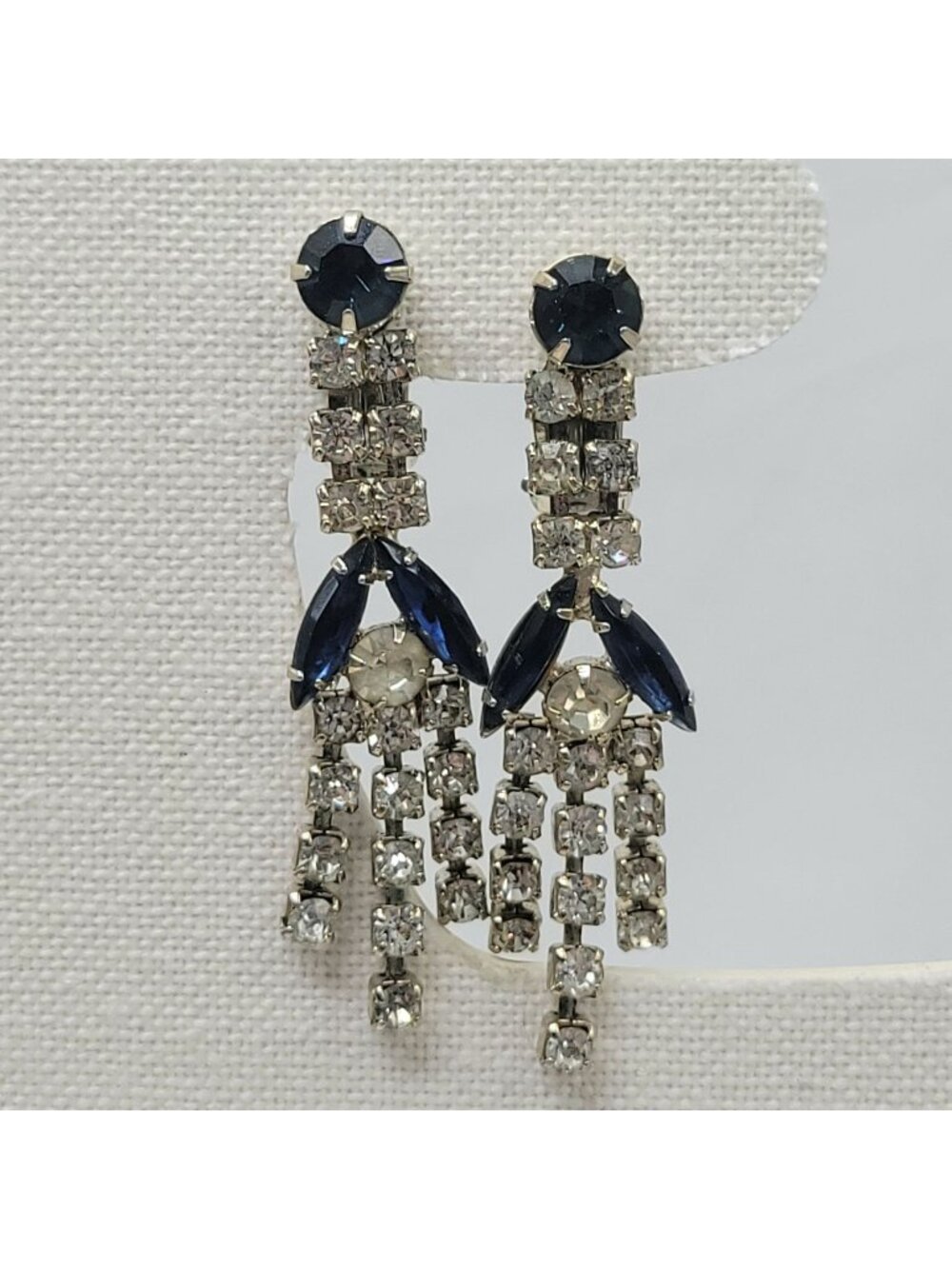 Vtg Rhinestone & Blue Crystal Dangle Clip-On Earrings Elegant Formal Statement